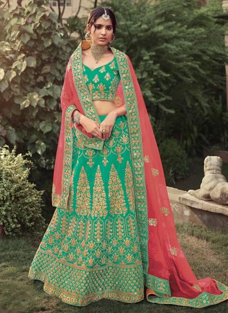 Green Colour Exclusive Bridal Wedding Wear Satin Embroidery With Stone Work Fancy Lehenga Choli Collection 4518